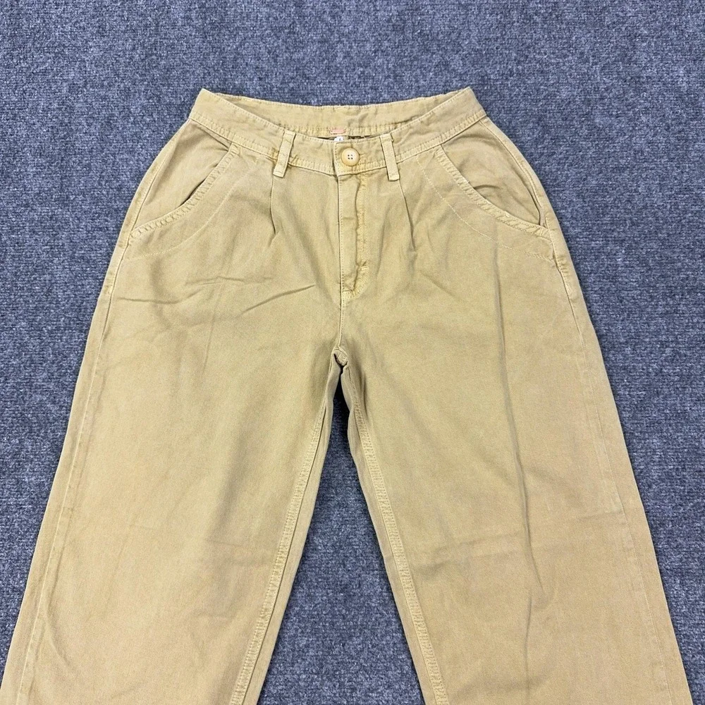 Free People Pants Womens 0 Beige Pleated Twill Chino Straight Leg Relaxed Casual
